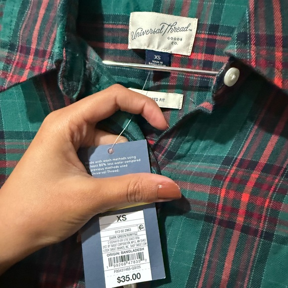 Women's Long Sleeve Collared Flannel Button-Down Shirt - Green Plaid XS NWT - Picture 6 of 7